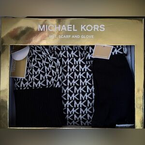 Michael Kors Black and White Logo Scarf Hat and Touch-Tip Gloves.  New in box